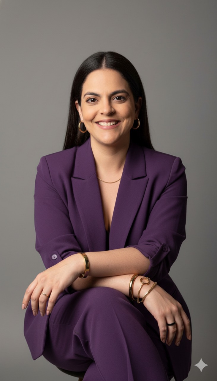 Ingrid Aleixo, cofundadora da Hineni Digital, sorrindo em retrato profissional com blazer roxo
